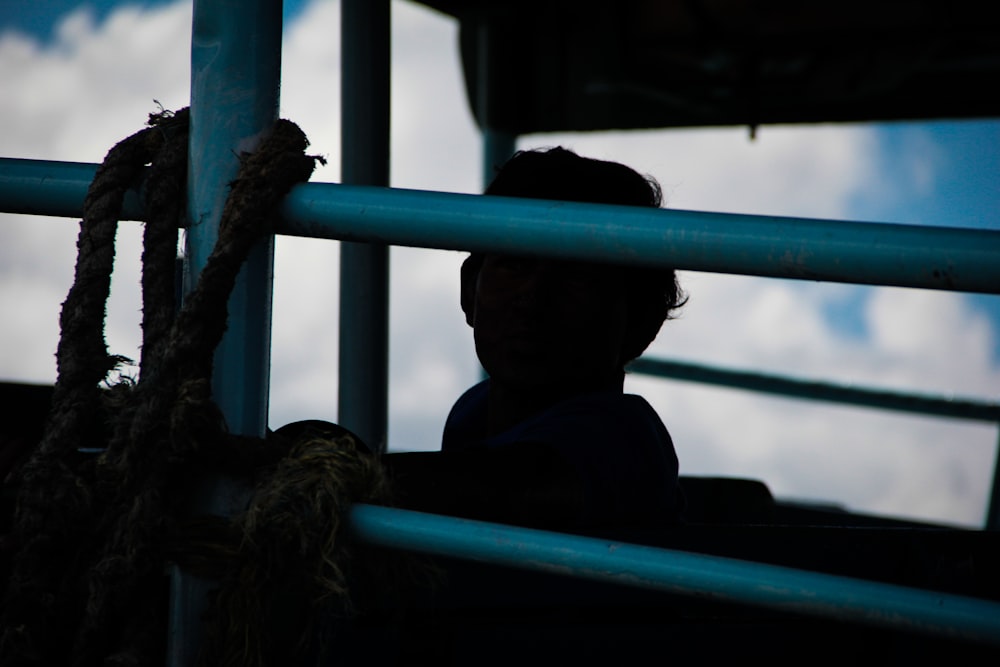 a person standing behind a metal fence with a sky in the background