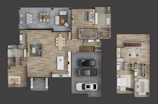 A detailed floor plan of a modern house featuring multiple rooms including living areas, bedrooms, bathrooms, and a garage with three cars parked. The layout shows a spacious living room with a dining table and a sizable kitchen island. There are several closets and walk-in spaces, along with furniture arranged neatly in each room.