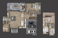 A detailed floor plan of a modern house featuring multiple rooms including living areas, bedrooms, bathrooms, and a garage with three cars parked. The layout shows a spacious living room with a dining table and a sizable kitchen island. There are several closets and walk-in spaces, along with furniture arranged neatly in each room.