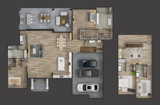 A detailed floor plan of a modern house featuring multiple rooms including living areas, bedrooms, bathrooms, and a garage with three cars parked. The layout shows a spacious living room with a dining table and a sizable kitchen island. There are several closets and walk-in spaces, along with furniture arranged neatly in each room.