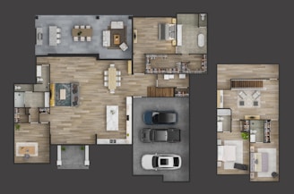 A detailed floor plan of a modern house featuring multiple rooms including living areas, bedrooms, bathrooms, and a garage with three cars parked. The layout shows a spacious living room with a dining table and a sizable kitchen island. There are several closets and walk-in spaces, along with furniture arranged neatly in each room.