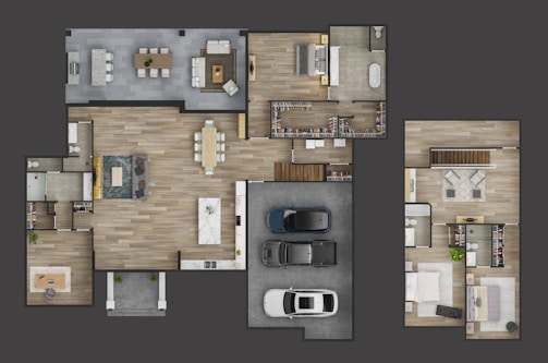 A detailed 3D model of a modern home interior.
