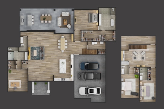 A detailed floor plan of a modern house featuring multiple rooms including living areas, bedrooms, bathrooms, and a garage with three cars parked. The layout shows a spacious living room with a dining table and a sizable kitchen island. There are several closets and walk-in spaces, along with furniture arranged neatly in each room.