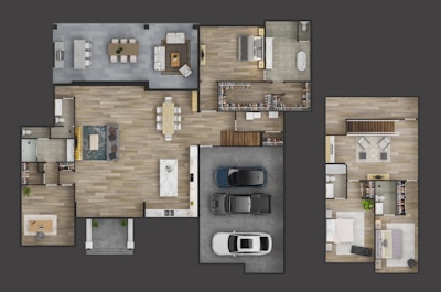 A detailed floor plan of a modern house featuring multiple rooms including living areas, bedrooms, bathrooms, and a garage with three cars parked. The layout shows a spacious living room with a dining table and a sizable kitchen island. There are several closets and walk-in spaces, along with furniture arranged neatly in each room.