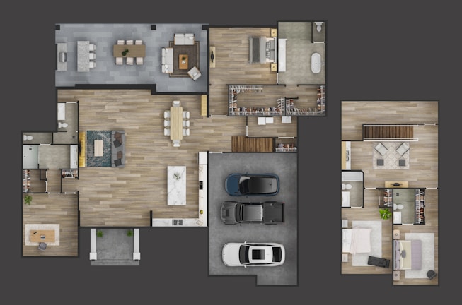 A detailed floor plan of a modern house featuring multiple rooms including living areas, bedrooms, bathrooms, and a garage with three cars parked. The layout shows a spacious living room with a dining table and a sizable kitchen island. There are several closets and walk-in spaces, along with furniture arranged neatly in each room.