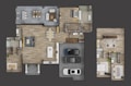 A detailed floor plan of a modern house featuring multiple rooms including living areas, bedrooms, bathrooms, and a garage with three cars parked. The layout shows a spacious living room with a dining table and a sizable kitchen island. There are several closets and walk-in spaces, along with furniture arranged neatly in each room.