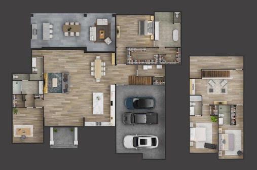 A detailed floor plan of a modern house featuring multiple rooms including living areas, bedrooms, bathrooms, and a garage with three cars parked. The layout shows a spacious living room with a dining table and a sizable kitchen island. There are several closets and walk-in spaces, along with furniture arranged neatly in each room.