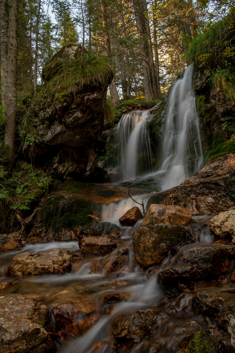 a small waterfall in the middle of a forest