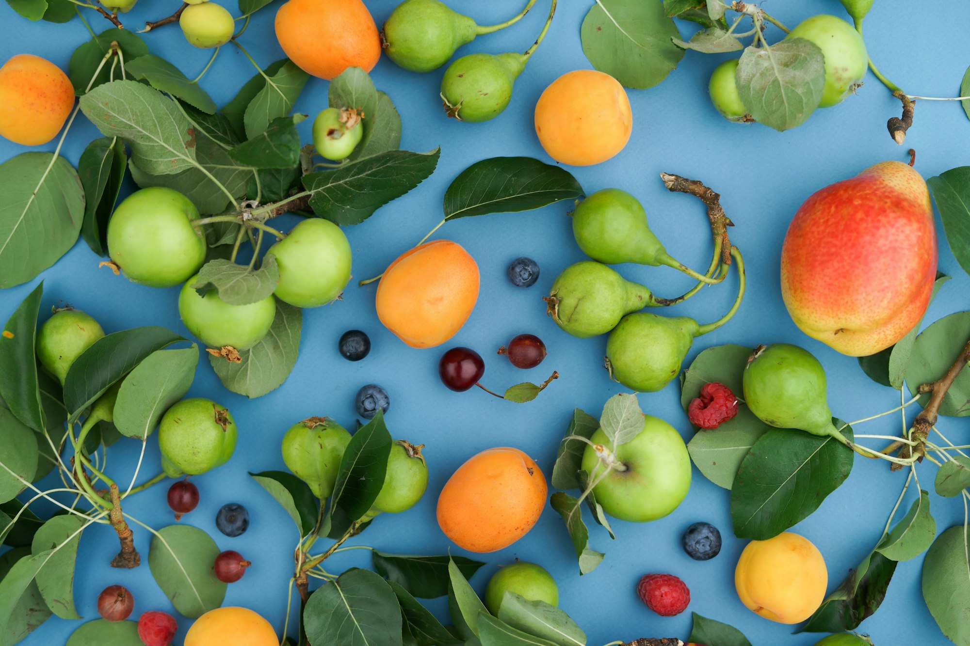 Natural pattern on a blue background from raw ripe fruits and berries, for text and cover of a recipe book or blog