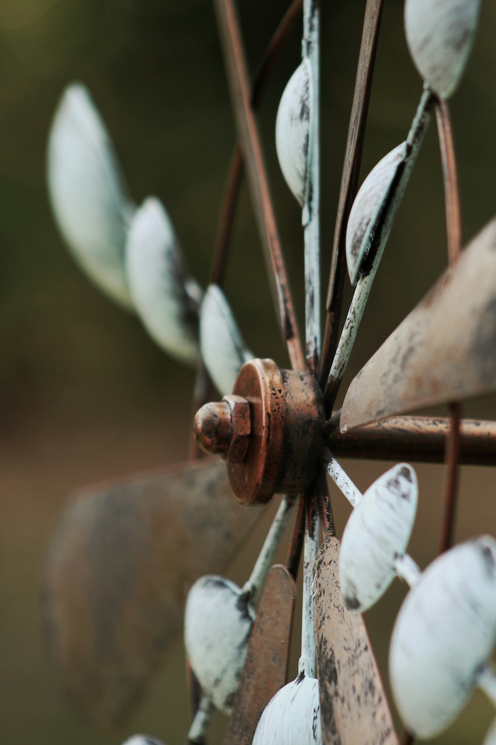 a close up of a metal object with leaves on it