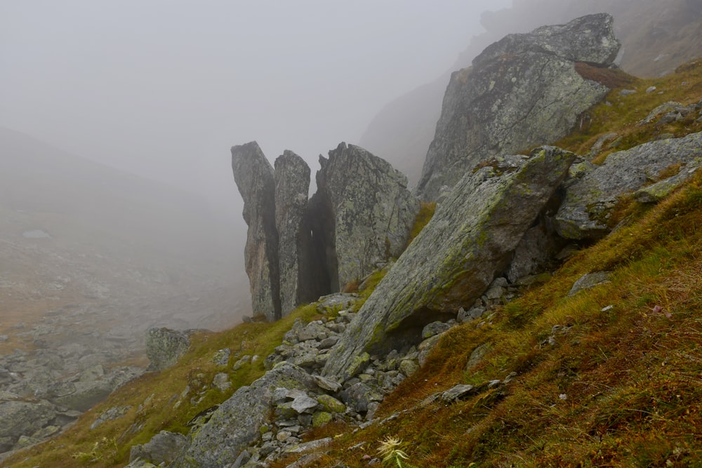 a foggy mountain with rocks and grass