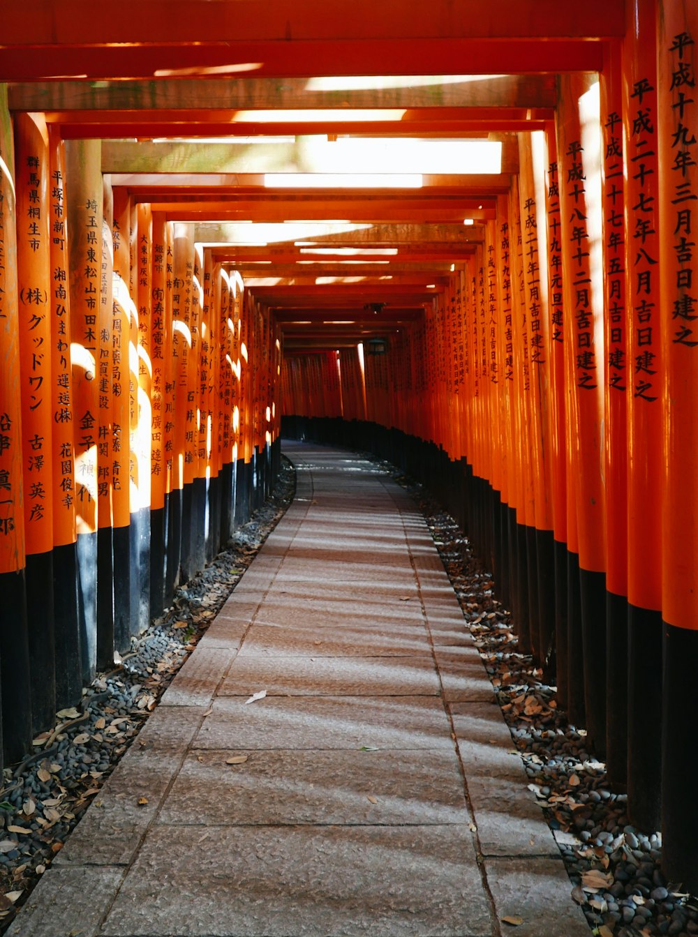 a walkway lined with lots of orange and black poles