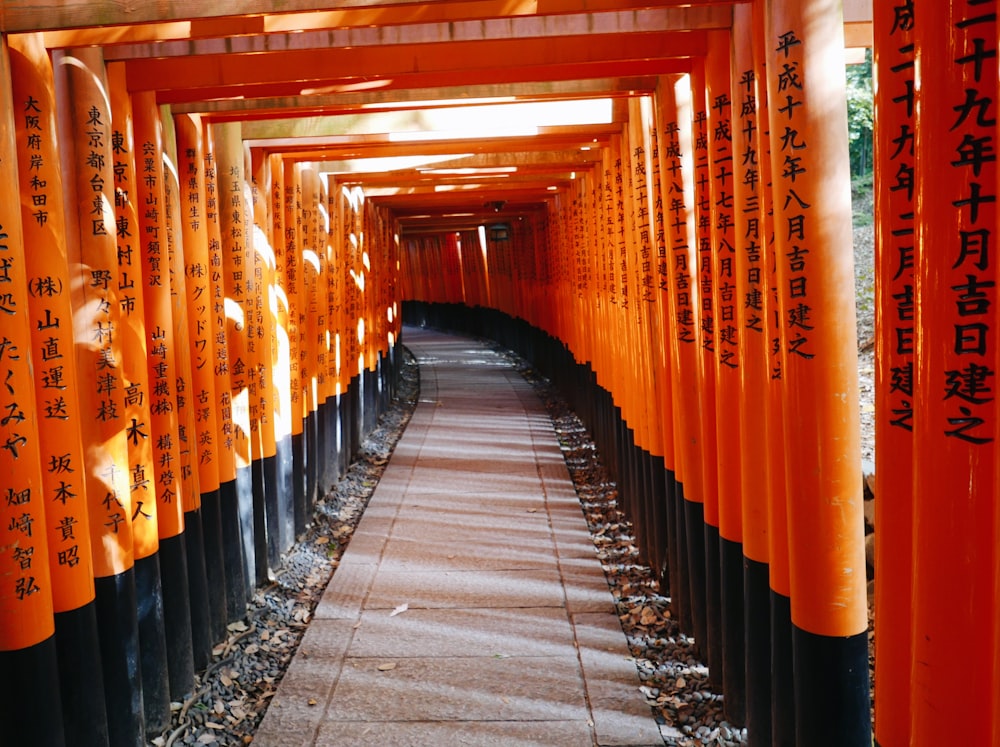 a walkway lined with orange and black columns