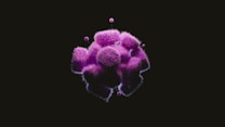 A cluster of fuzzy, purple geometric shapes is set against a dark background, resembling a stylized virus or microscopic organism with various 3D textures and lighting.