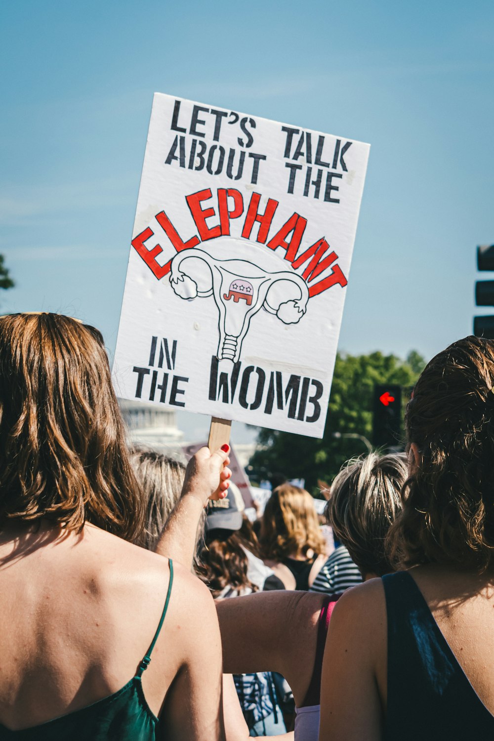 Un grupo de personas sosteniendo un cartel que dice elefante en el útero