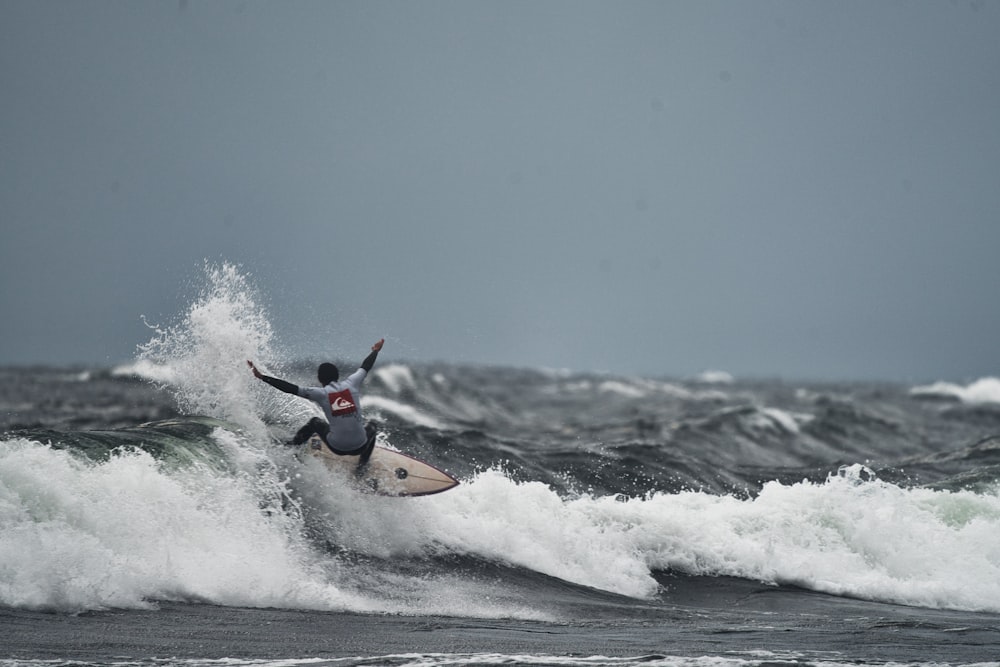 a man riding a wave on top of a surfboard