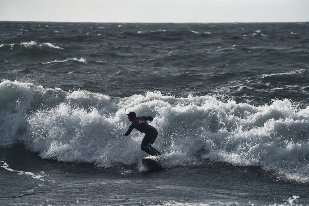 a man riding a wave on top of a surfboard