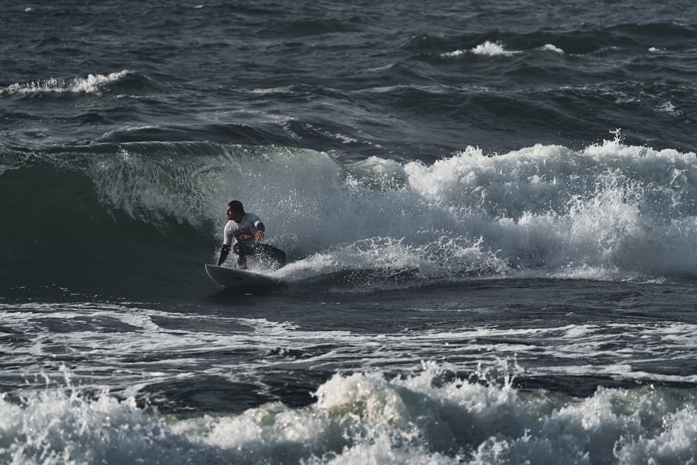 a man riding a wave on top of a surfboard