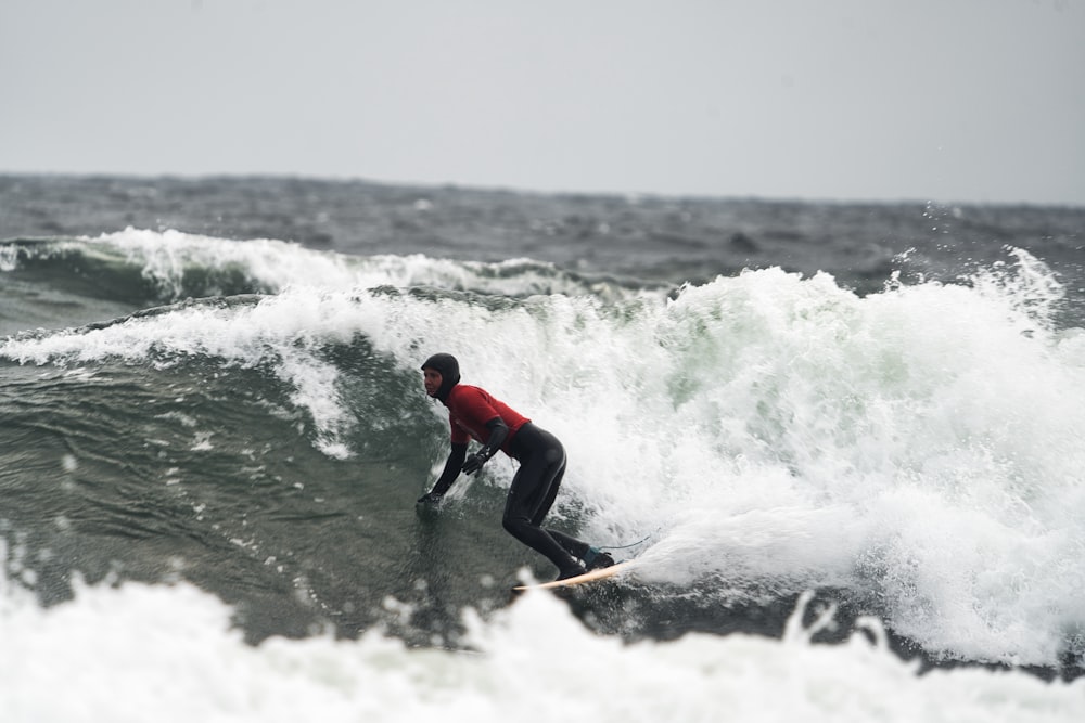 a man riding a wave on top of a surfboard