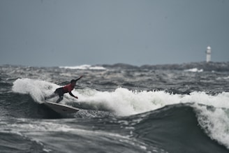 A surfer balances on a wave amidst turbulent sea conditions. The sky is overcast, adding a dramatic backdrop to the scene. In the distance, a white lighthouse stands on a rugged shoreline.
