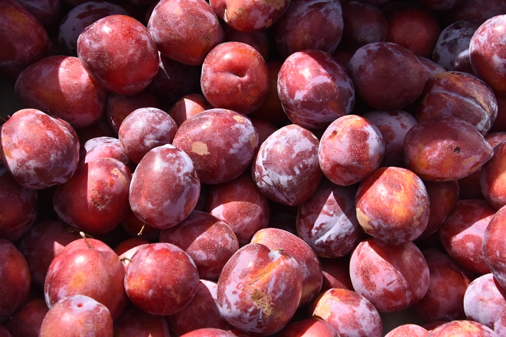 a pile of plums that have been picked from the tree