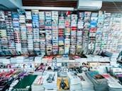 A wide selection of magazines and publications neatly displayed on a newsstand. Various magazine titles are stacked in piles on shelves, organized in rows. The covers feature diverse topics such as fashion, lifestyle, health, and sports with bright and colorful covers, featuring bold typography and striking images.