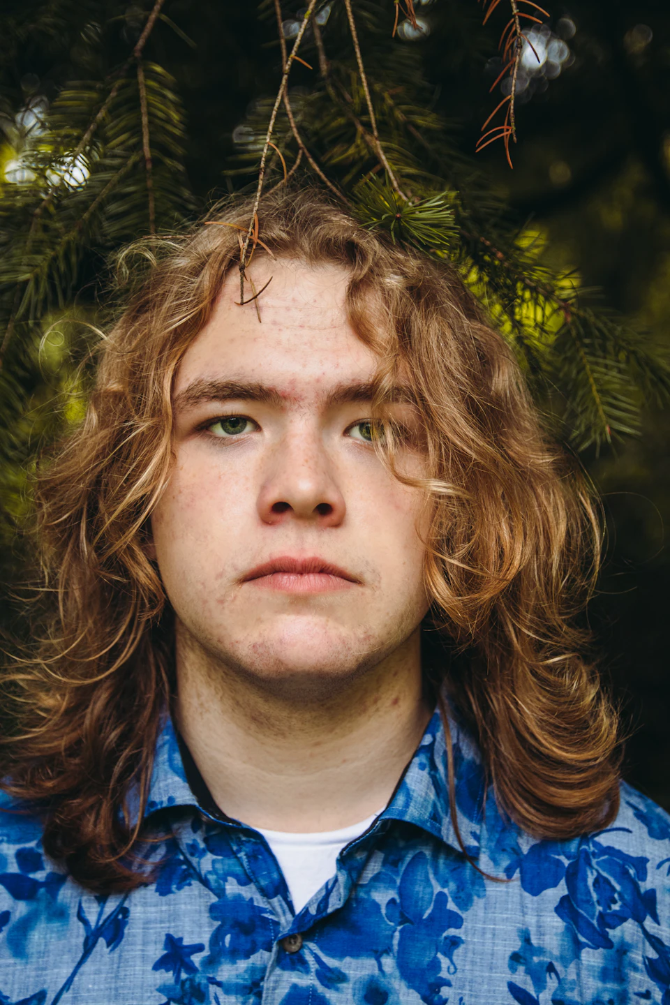 Young man with curly hair wears blue floral shirt, looking directly at the viewer