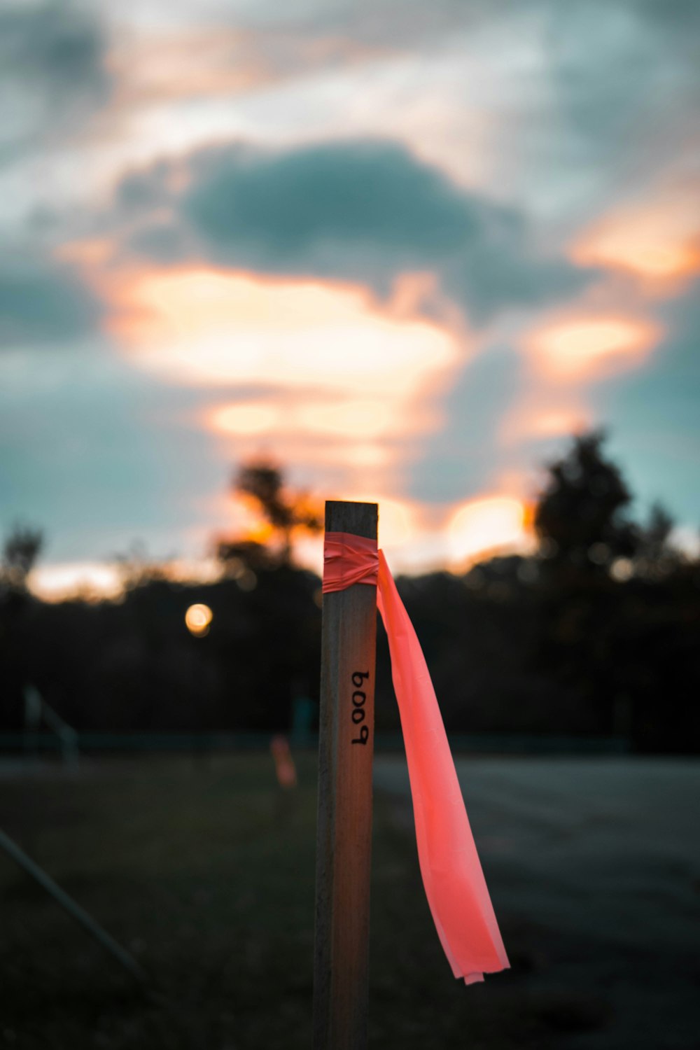 a pole with a pink ribbon on it