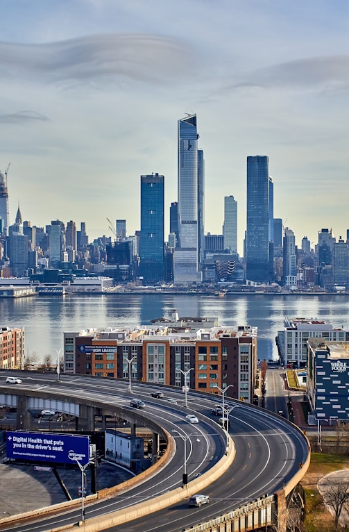 a view of a city skyline with a highway going through it