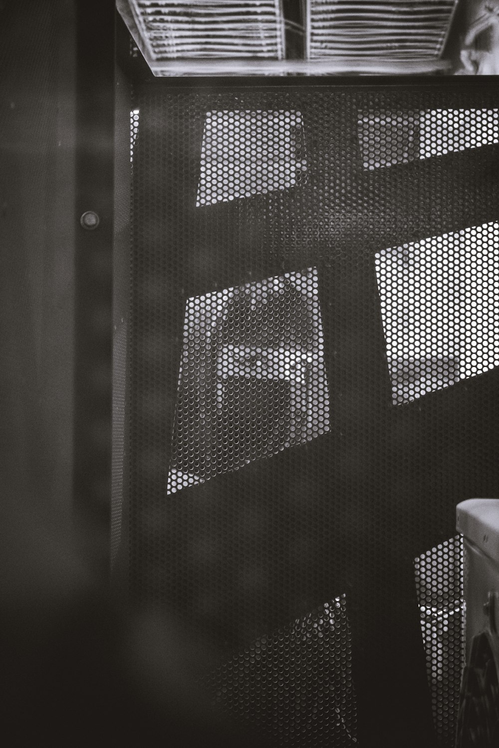 a black and white photo of a cat in a cage