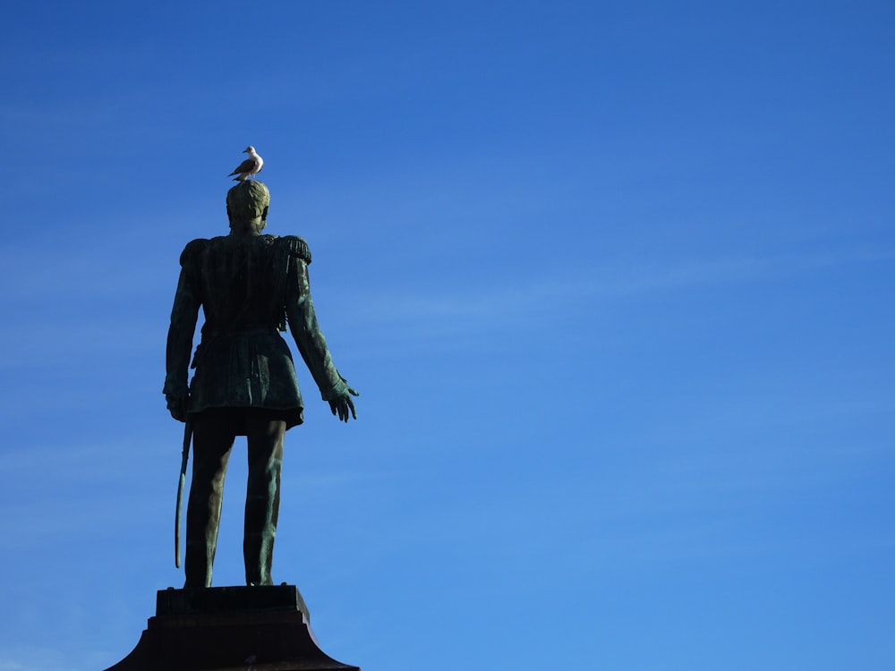 Eine Statue eines Mannes mit einem Vogel auf dem Kopf