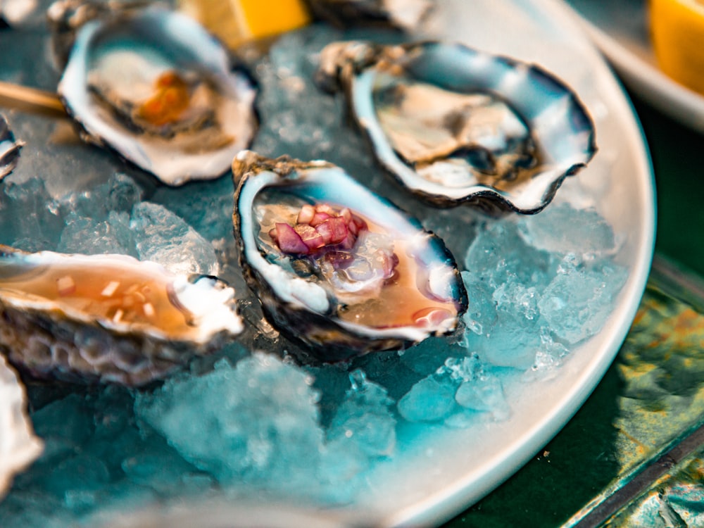 a plate of oysters on ice with lemon wedges