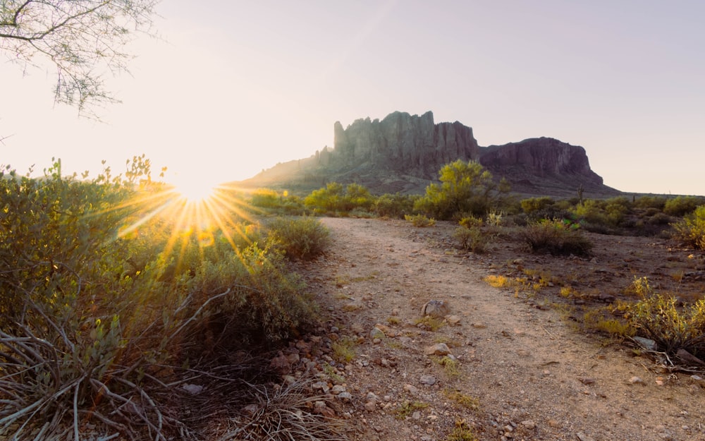 a dirt path leading to a large rock formation