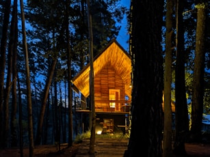 a cabin in the woods lit up at night