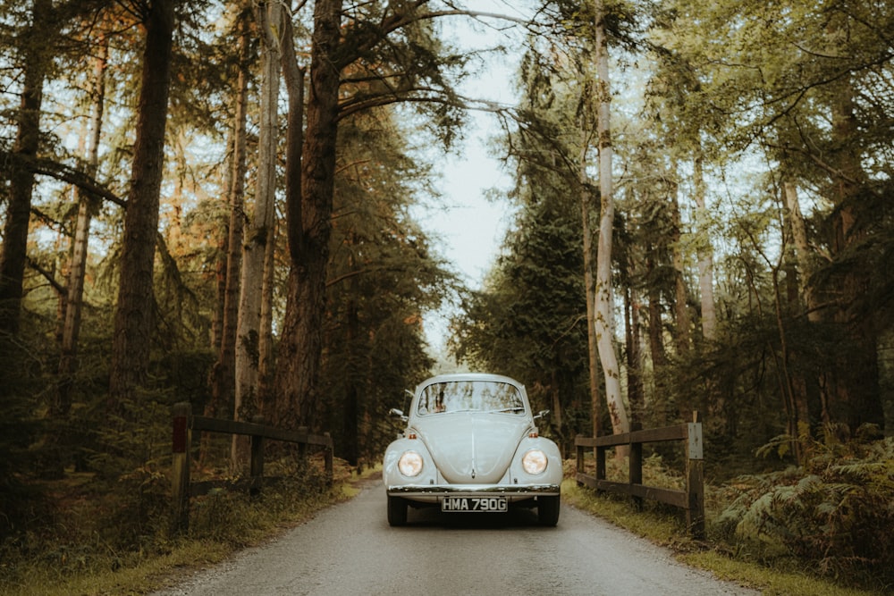 a white car driving down a forest road