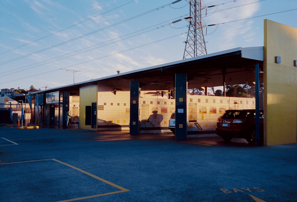 a car is parked in front of a building