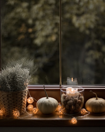 a window sill filled with pumpkins and a potted plant