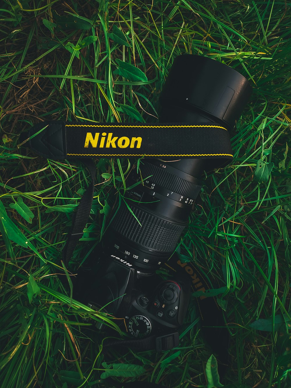 a nikon camera laying in the grass