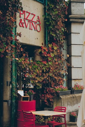 Cozy outdoor seating at a rustic pizzeria surrounded by greenery near a vineyard.