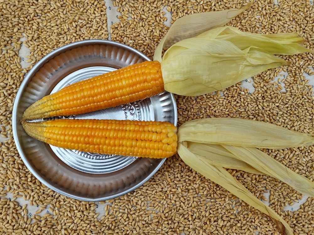 two ears of corn sitting on top of a metal plate
