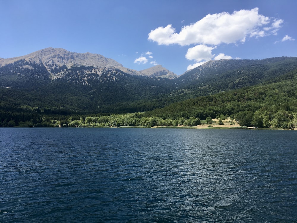 a large body of water with mountains in the background