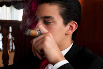 A person in a suit is sitting indoors and holding a cigar close to their mouth, with smoke visibly rising. The background includes a wooden railing and drapery, suggesting either a formal or private setting.