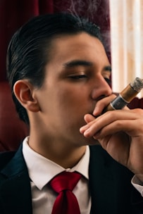 A person wearing a formal black suit with a white shirt and red tie is sitting and smoking a cigar. The background is blurred with red tones, and smoke rises from the cigar, partially obscuring the face.