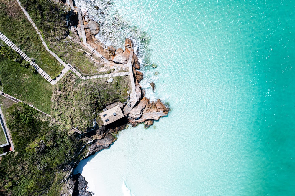 an aerial view of a body of water