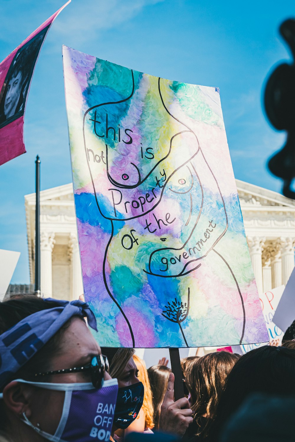 a crowd of people holding signs and flags