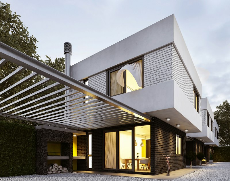 Casa contemporânea ao entardecer