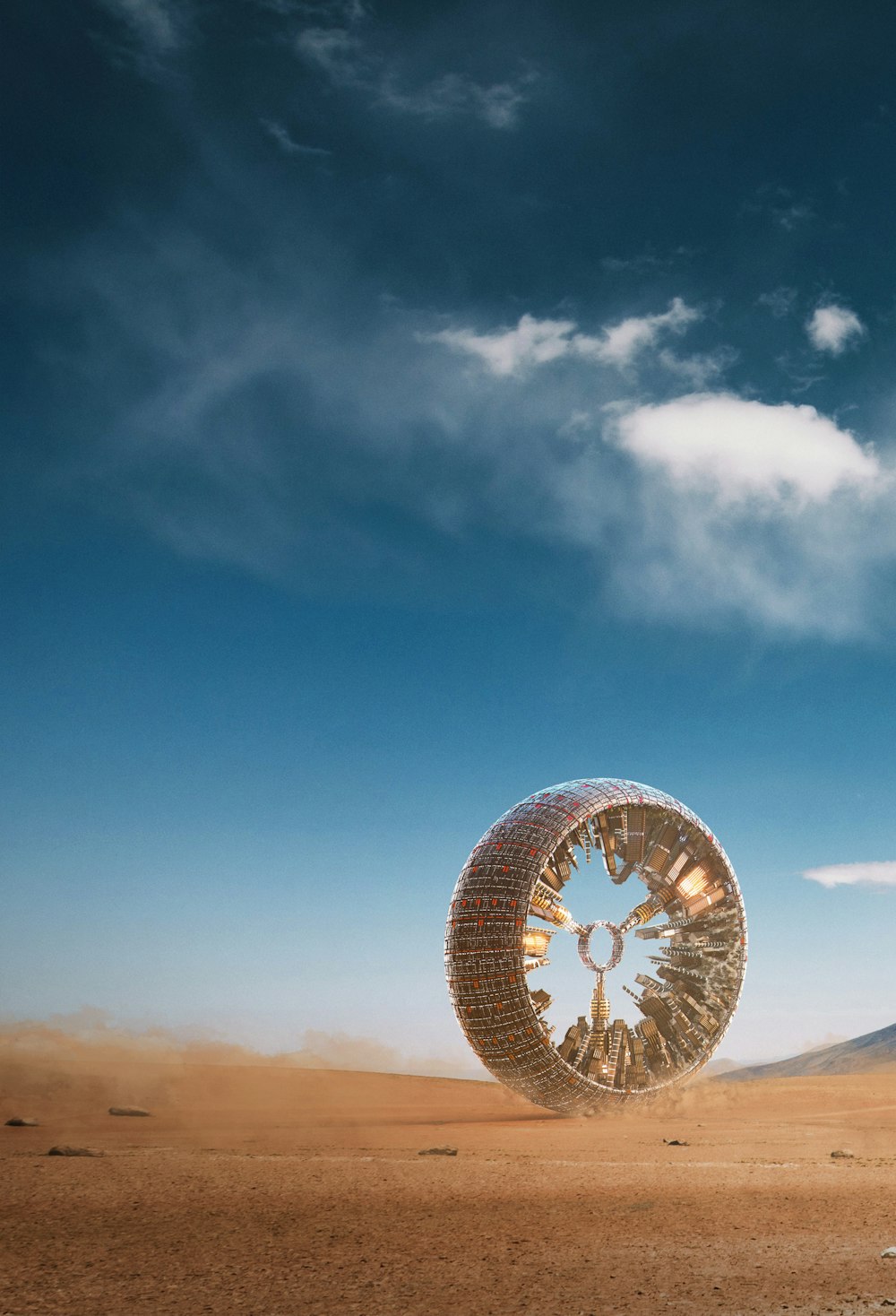 a large tire sitting in the middle of a desert