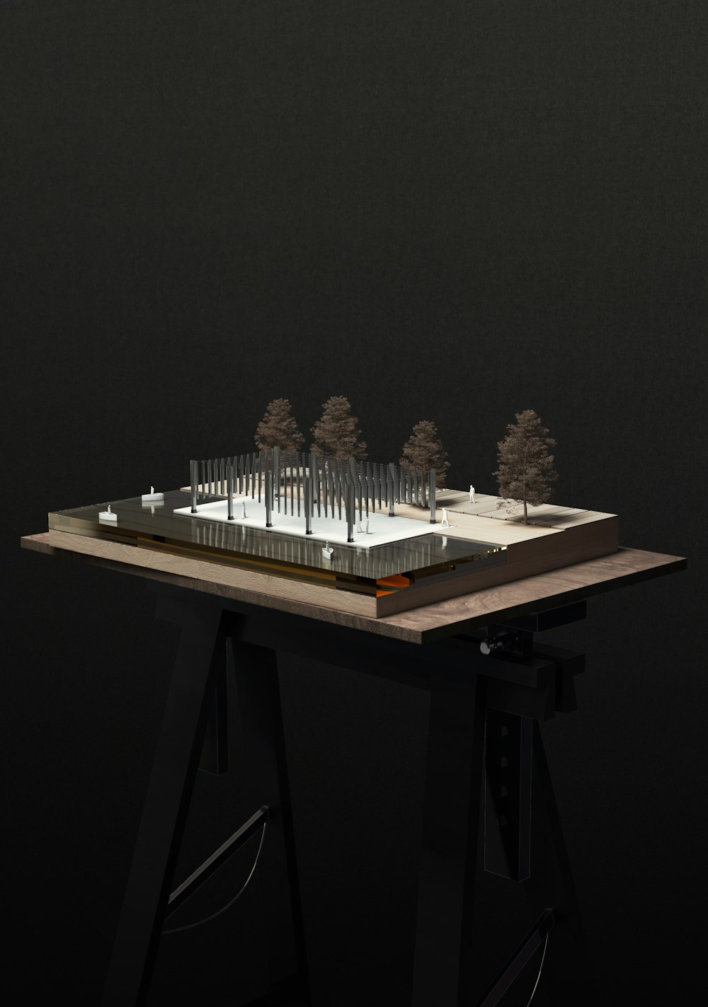 a model of a building with trees on top of it