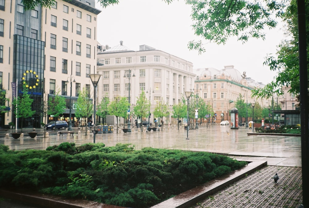 a rainy day in a large city with lots of buildings