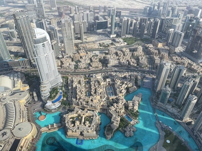 an aerial view of a city with a river running through it